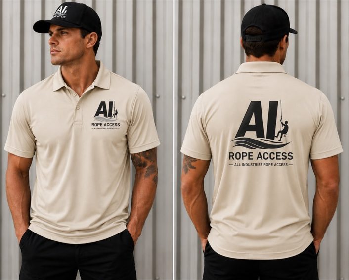 AI Rope Access polo, Beige / black logo, front and back
