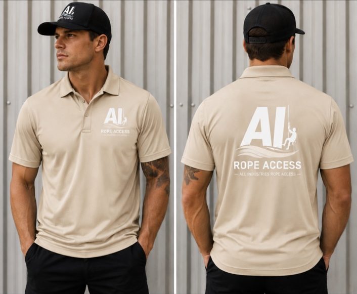 AI Rope Access polo, Beige / white logo, front and back