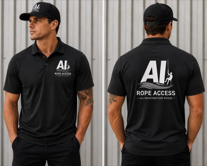AI Rope Access polo, Black / white logo, front and back
