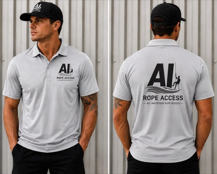 AI Rope Access polo, Grey / black logo, front and back