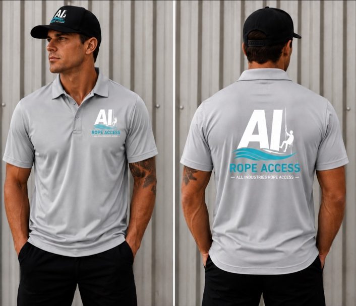 AI Rope Access polo, Grey / turquoise logo, front and back