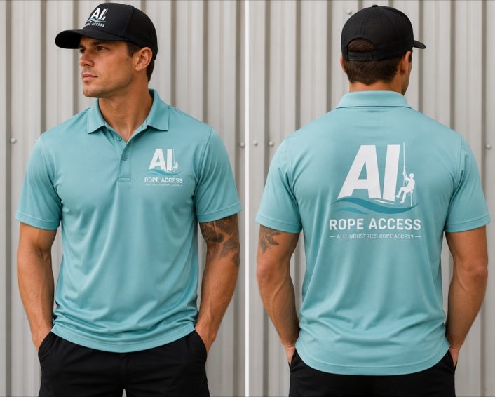 AI Rope Access polo, Turquoise / white logo, front and back