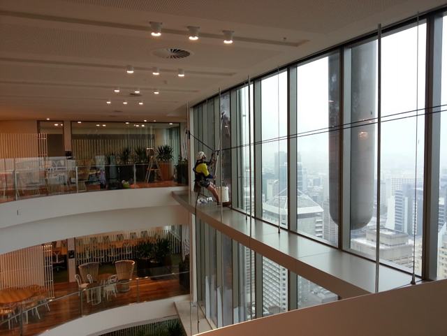 Rope access technician cleaning tall interior glass windows in a high-rise office atrium
